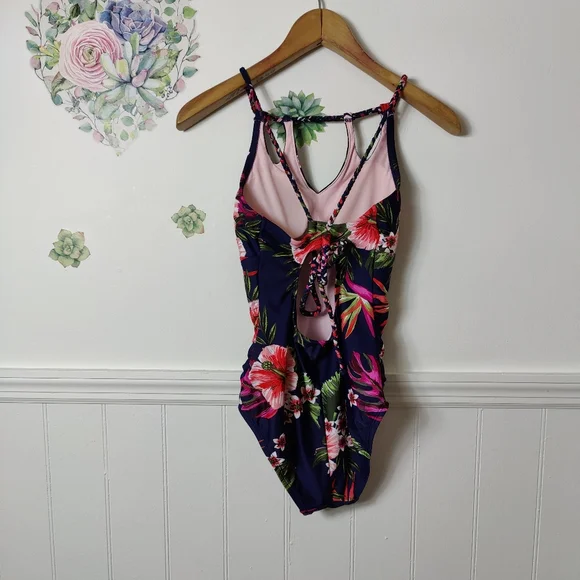 Kona Sol Swimsuit One Piece Keyhole Navy Floral Ruched Tie Open Back Bathing - Picture 2 of 7